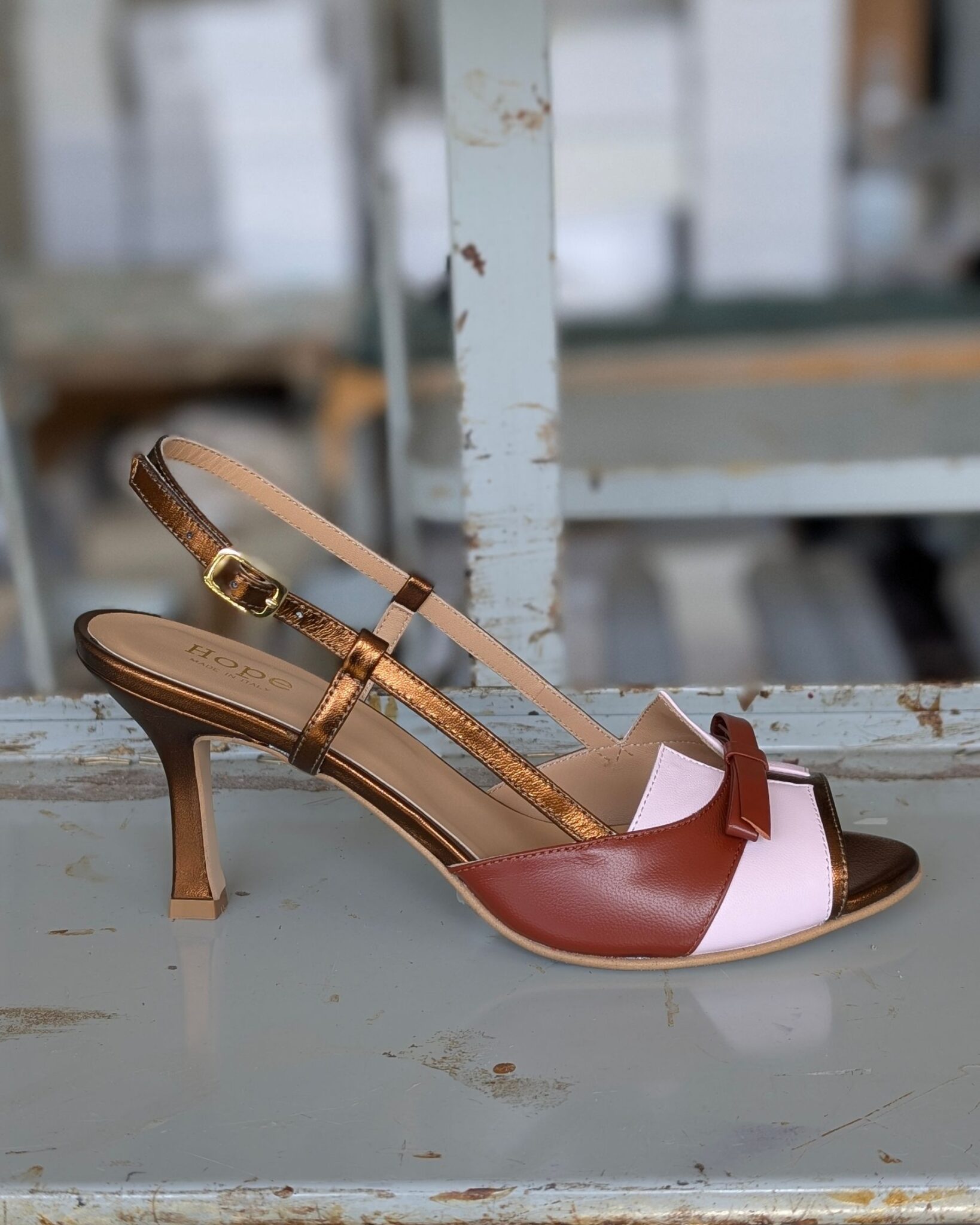 LILITH Slingback in laminato rame, nappa cipria, nappa coccio